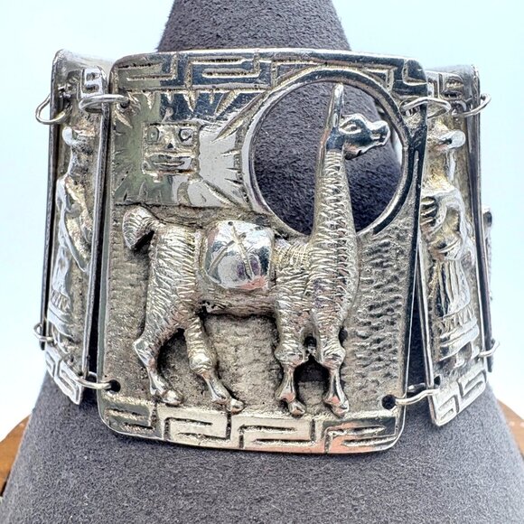 VTG Solid Sterling Silver 925 Aztec Llama & Sun Panel Bracelet Size 6.5